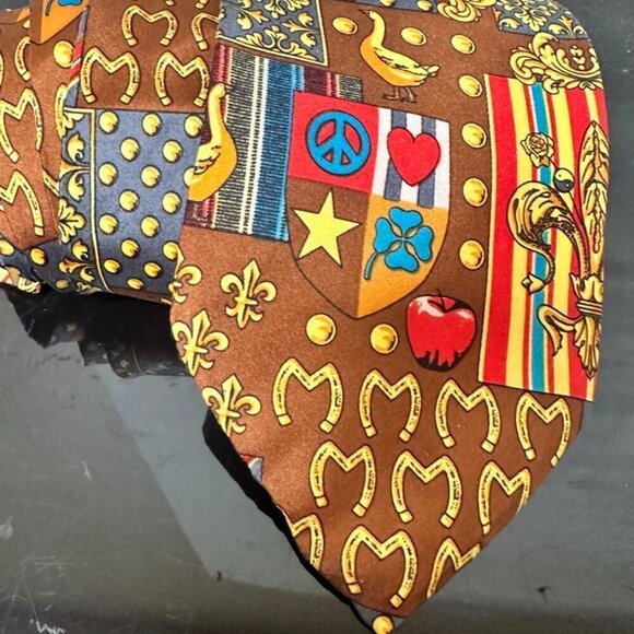 Moschino Tie Peace Love Collectors Item Medallion Silk Fleur de Lis  Psychedelic - Picture 1 of 7